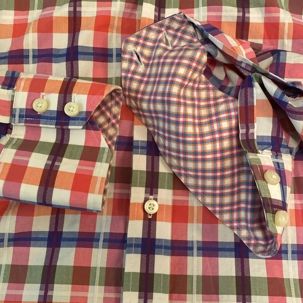Thomas Dean Plaid Button Down Pima Cotton L/S Shirt Contrasting Cuffs Size M